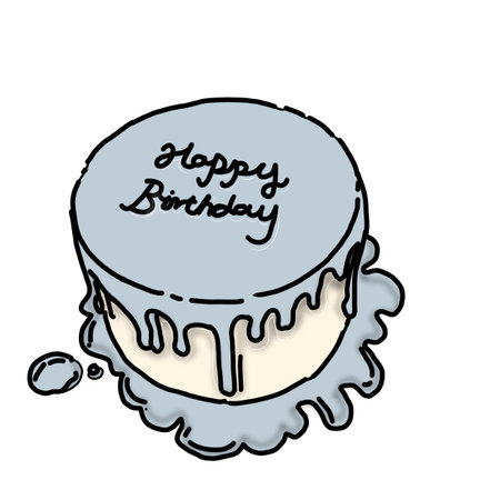 Illustration of Blue cake with Happy Birthday lettering on a white background.  Typography Topping...