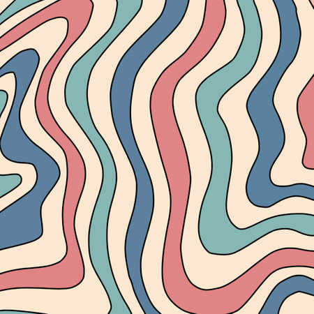 Seamless pattern with waves in pastel colors. Vector illustration. Abstract Retro Blue Red 70s Trippy Wavy Liquid Swirl Stripe Patternの写真素材