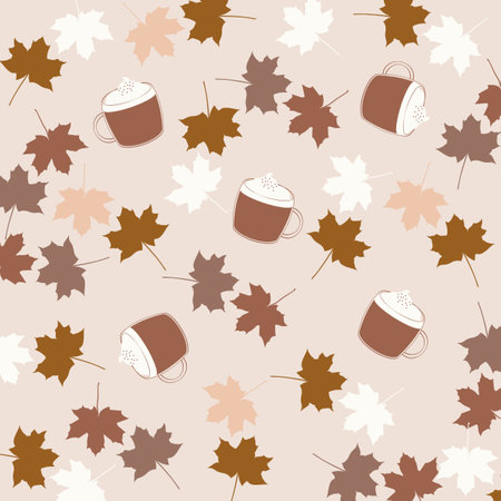 Seamless pattern with autumn leaves and cups of coffee. Vector illustration. Brown Maple Leaves Latte Coffee Vintage Line Leaf Patternの写真素材