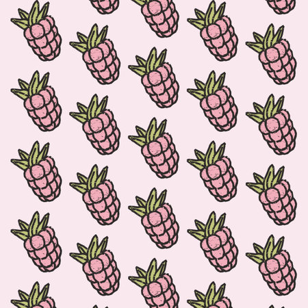 Seamless pattern with hand drawn raspberry fruits. Vector illustration. Pineapple Pattern Y2K Retro...