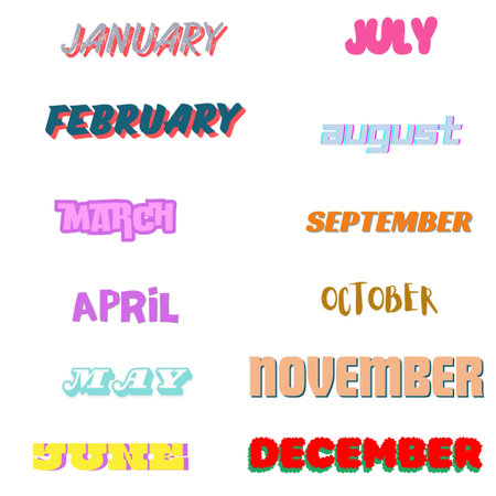 Set of hand-drawn lettering. Vector illustration on white background. month of the yearの写真素材