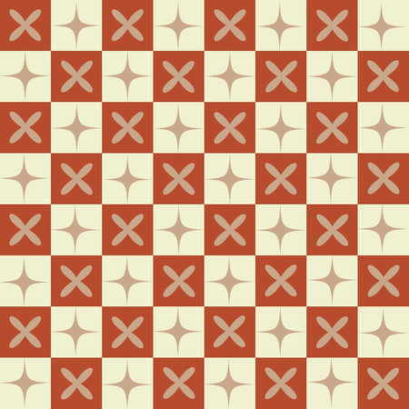 Seamless illustrated pattern made of abstract elements in beige and brown. Brown Retro seamless checkerboard pattern with stars mid century modernの写真素材