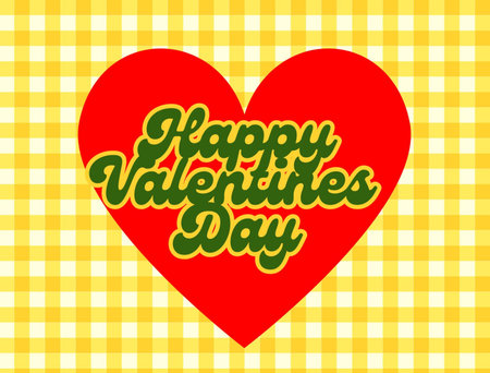 Happy Valentines day card with heart on checkered background. Yellow Gingham Checkerboard Pattern with Heart in the middleの写真素材