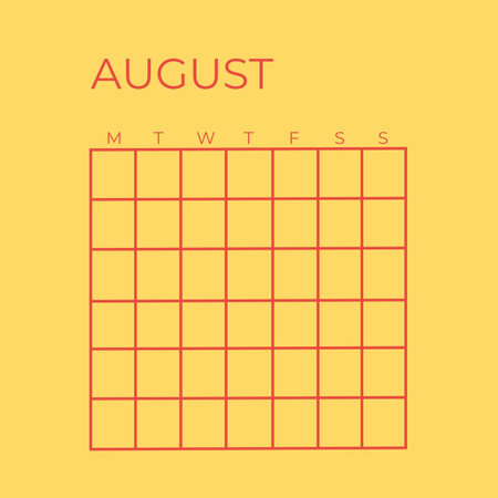 Monthly calendar with the date of August. Vector illustration on yellow background. Undated Template Calendar August Yellow Colorの写真素材