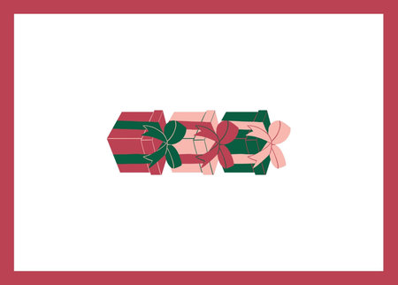 Gift box with bow and ribbon vector illustration in flat style. Box Gift Holiday Color Green Pink Red. Gifts with bows and ribbons. Stack of colorful present gift boxes.の写真素材