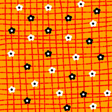 Seamless vector pattern with flowers and dots on a orange background. Check Grid pattern in blue cream tones. Delicate lines form a subtle check with floral in the middleの写真素材