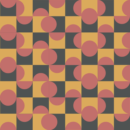Seamless geometric pattern with circles and squares. Vector illustration. Red Black Yellow Retro seamless checkerboard pattern with half circle half moon mid century modernの写真素材
