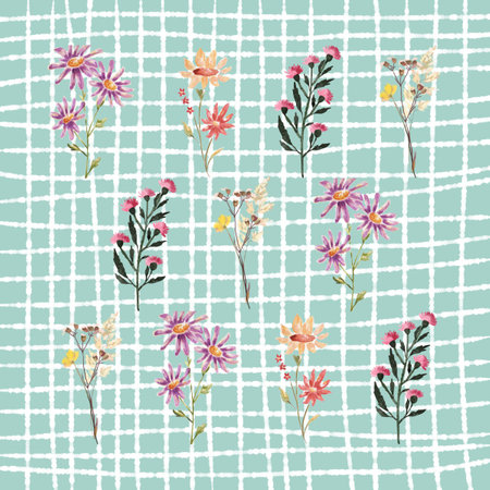 Floral seamless pattern with watercolor flowers. Hand drawn vector illustration. Check Grid pattern in blue tones.の写真素材