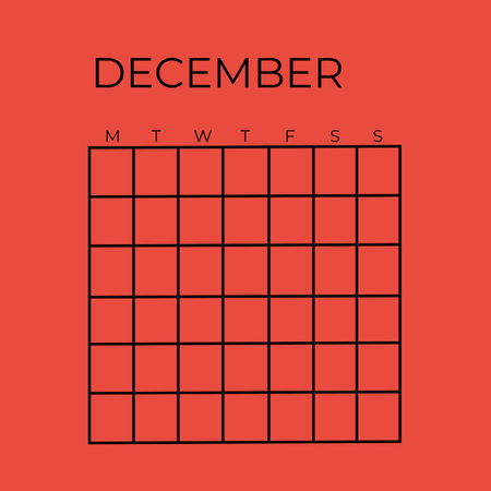 December calendar. Calendar grid. Vector illustration. Week starts on Sunday. Undated Template Calendar December Coral Red Colorの写真素材