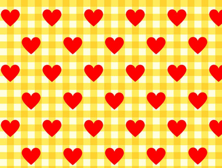 Seamless pattern with red hearts on a yellow checkered background. Yellow Gingham Checkerboard Pattern with Heart in the middleの写真素材