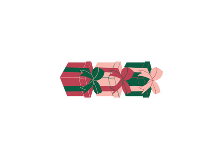 Gift box design, happy birthday celebration decoration party festive and surprise theme Vector illustration. Box Gift Holiday Color Green Pink Red. Gifts with bows and ribbons.の写真素材