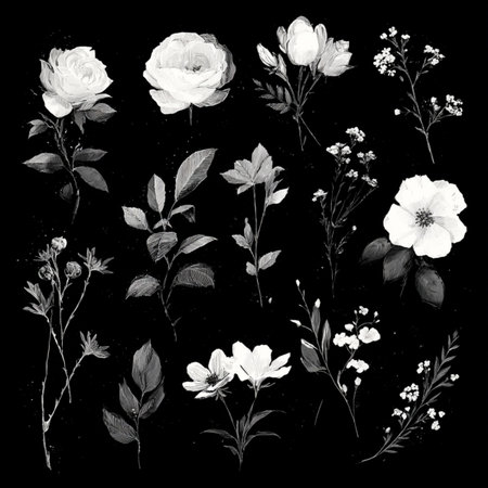 Hand drawn watercolor illustration of roses. Isolated on black background. hand drawn flower clip art setの素材