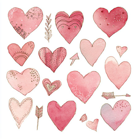 Set of watercolor hearts and arrows. Hand drawn illustration isolated on white background. watercolor pink heart on white background clip art setの素材