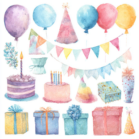 Watercolor party  set with cake, gifts, candles, garlands and cakes. Hand drawn illustration. set of party elements clip art setの素材