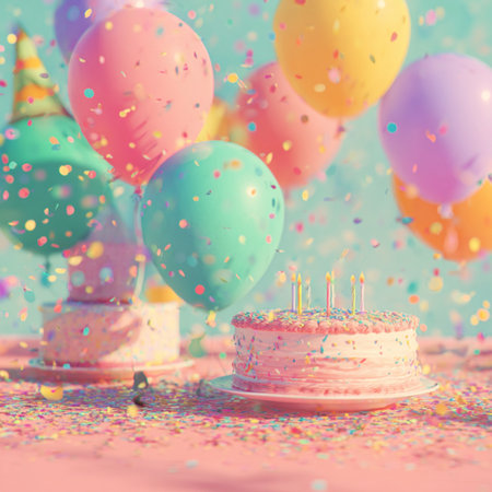 cake with colorful balloons and confetti over pastel background. party background with balloons and cakeの素材
