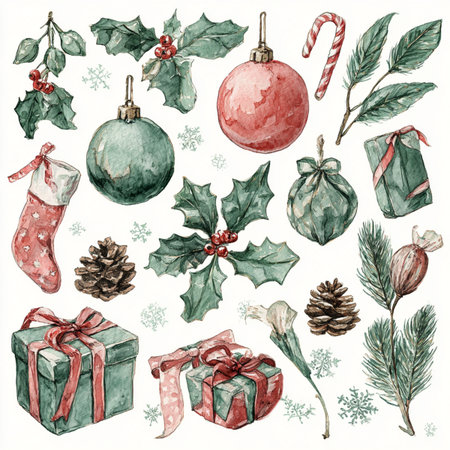 Hand drawn watercolor set of holiday elements. Vector illustration. set of holidays clip artの素材