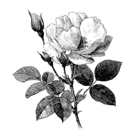 Rosa chinensis, vintage line drawing or engraving illustration. hand drawn flower clip artの素材