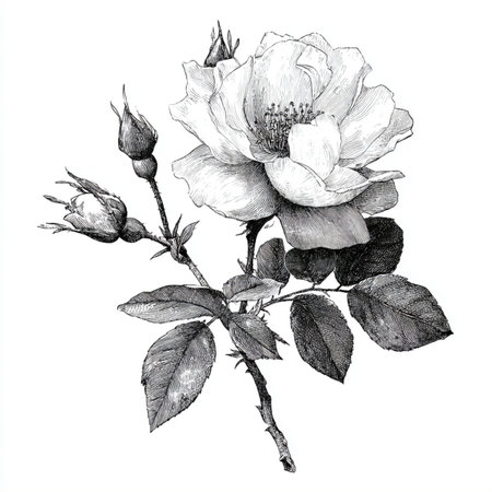 Vintage engraving of rose flower isolated on white background. hand drawn flower clip artの素材