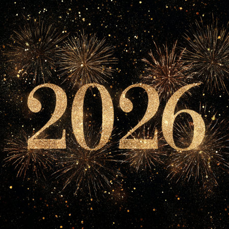 Happy New Year celebration background with fireworks and golden bokeh lights. new year 2026 fireworksの素材