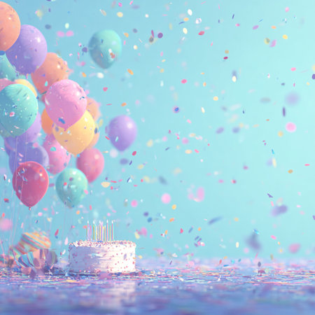 cake with balloons and confetti on blue background. 3d rendering. set of party elements clip art setの素材