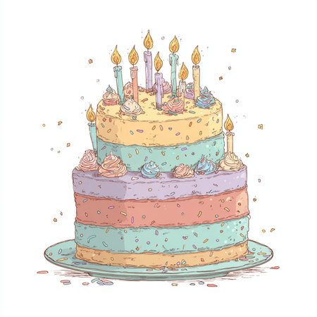 cake with candles. Hand drawn vector illustration isolated on white background. watercolor cake with candlesの素材