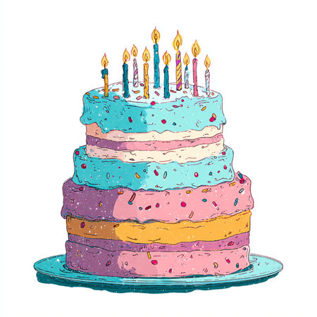 cake with candles. Hand drawn vector illustration isolated on white background. watercolor cake with candlesの素材