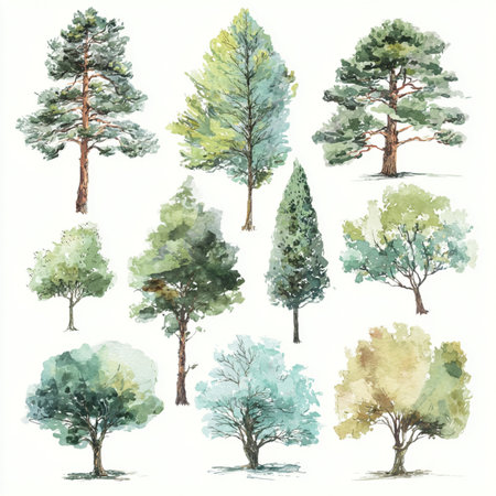 Set of watercolor trees. Hand-drawn illustration. Vector. trees clip art setsの素材
