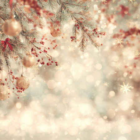 holiday background with snowflakes and pine tree branches on bokeh background. Winter season and New Year holidays background.の素材