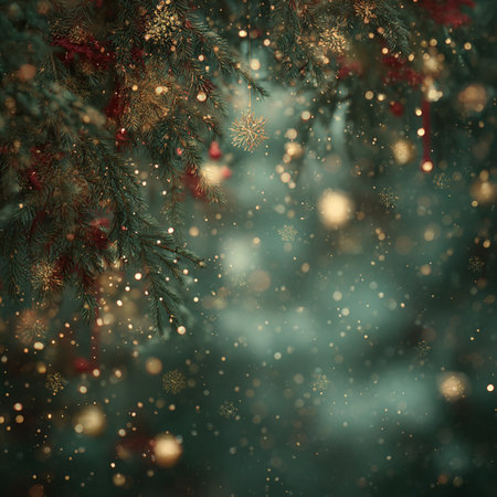 pine branches with snowflakes and bokeh lights. Winter background. Winter season and New Year holidays background.の素材