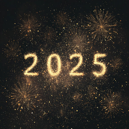 Happy New Year and Merry Christmas background with fireworks and golden numbers new year 2025 fireworksの素材
