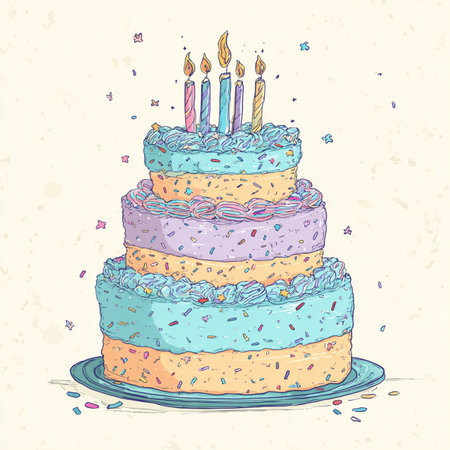 cake with candles. Hand drawn vector illustration in retro style. watercolor cake with candlesの素材