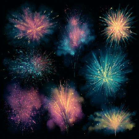 Colorful fireworks set isolated on black background. Vector illustration for your design. new year fireworksの素材
