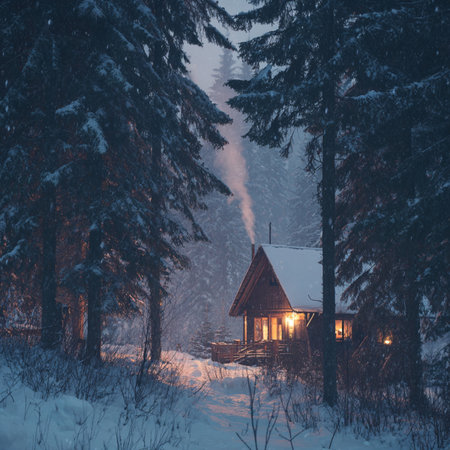 Winter landscape in the mountains. Wooden cottage in the forest at night. winter forest with cabinの素材