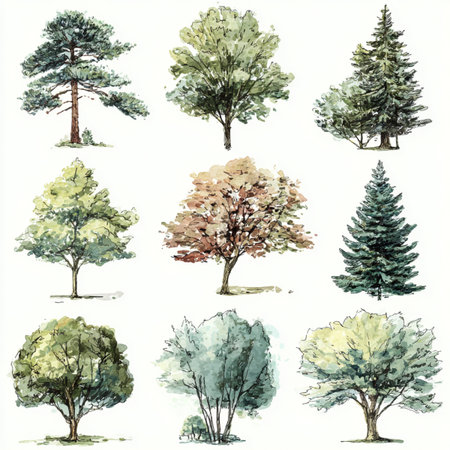 Set of hand drawn trees isolated on white background. Watercolor illustration. trees clip art setsの素材