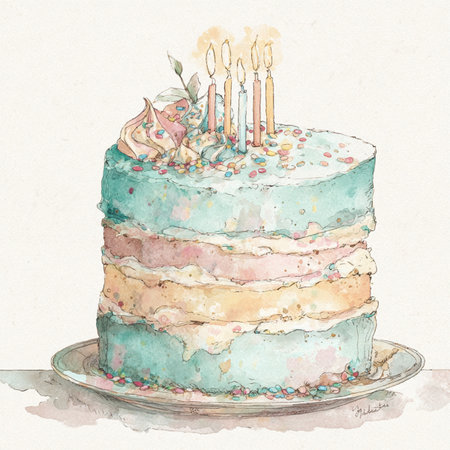 Watercolor cake with candles. Hand drawn watercolor illustration. watercolor cake with candlesの素材