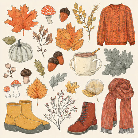 Autumn hand drawn set with leaves, berries, mushrooms, boots, scarf. Vector illustration. set of autumn leaves and boots clip artの素材