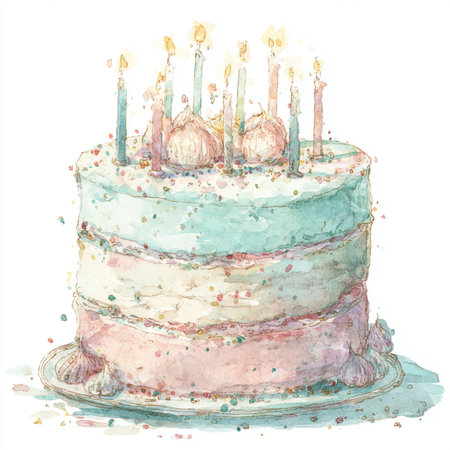 Watercolor cake isolated on white background. Hand drawn illustration. watercolor cake with candlesの素材