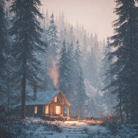 Wooden house in the Carpathian mountains. Winter landscape. winter forest with cabinの素材