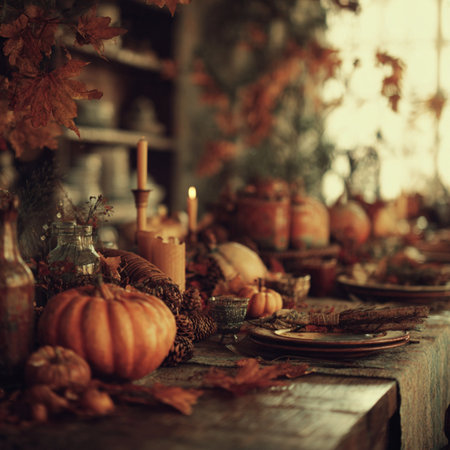 Vintage autumn table setting with pumpkins, candles and autumn leaves. autumn fall pumpkin and candles cornucopia harvest tableの素材
