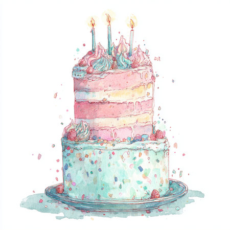 Watercolor  cake isolated on white background. Hand drawn illustration. watercolor cake with candlesの素材