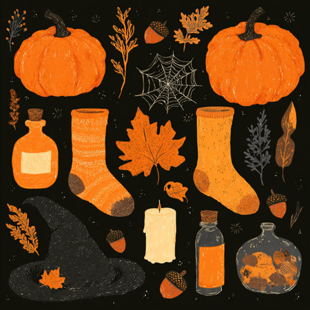 Halloween vector set. Pumpkin, witch hat, potion, autumn leaves, acorns, spider web, candle. set of autumn leaves and boots clip artの素材