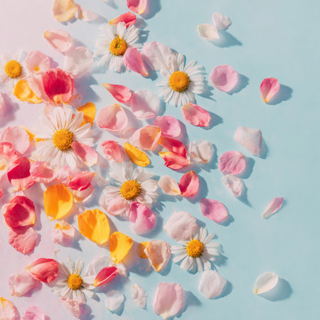 Flowers composition. Frame made of colorful flowers on pastel blue background. Flat lay, top view, copy space. floral background with pink rosesの素材