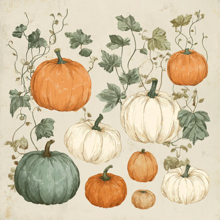 Set of pumpkins, hand drawn vector illustration in vintage style. seamless pattern with pumpkinsの素材
