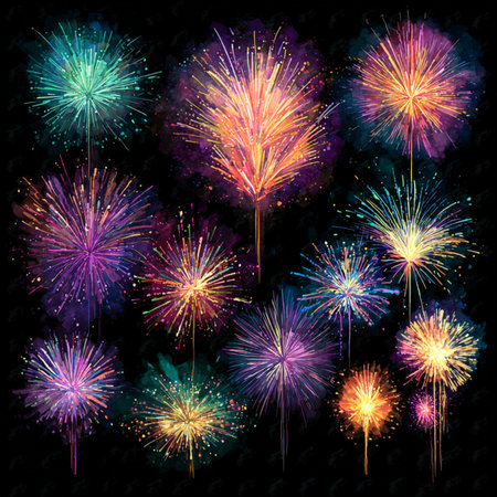 Set of colorful fireworks on black background. Vector illustration for your design. new year fireworksの素材