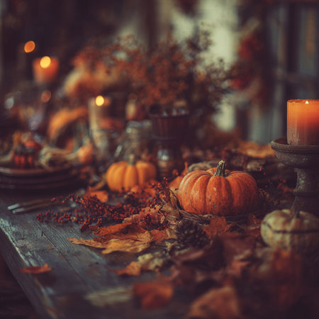 Autumn still life with pumpkins, autumn leaves and candles on a wooden table. autumn fall pumpkin and candles cornucopia harvest tableの素材