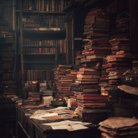 Old bookshelf with old books in an abandoned library. Toned. stack of old books in libraryの素材