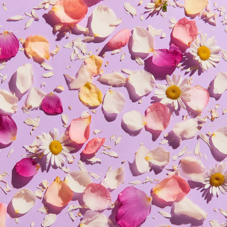 Flowers composition. Rose petals and chamomile flowers on pastel purple background. Flat lay, top view. floral background with pink rosesの素材