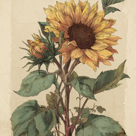 Hand drawn sunflowers on old paper background. Vector illustration. seamless pattern of sunflowersの素材