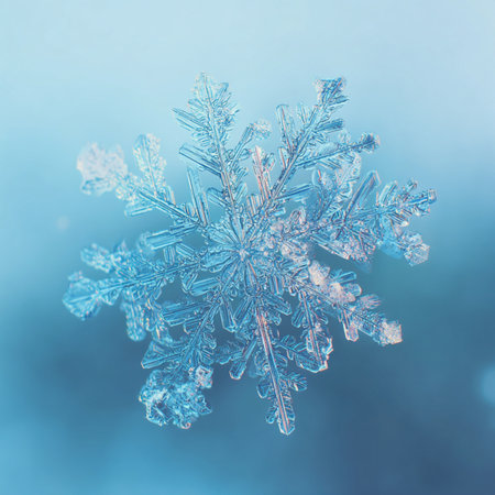 Snowflakes on a blue background. Macro photo with shallow depth of field. blue snowflake on blue backgroundの素材