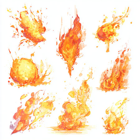 Set of fire flames isolated on a white background. Vector illustration. Dramatic fire flames explosion clip art fiery trailの素材